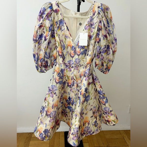 NWT Zimmermann (AU 3) Tama linen & silk puff sleeve Floral Mini Dress (US 10) - Picture 3 of 16